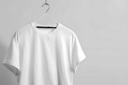A plain white t-shirt hangs neatly on a wooden hanger, ready to be worn. The t-shirt is clean and well-maintained, with no visible wrinkles or stains. It appears to be in good condition, waiting to be chosen for the days outfit.の素材