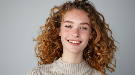 A young woman with curly red hair is smiling brightly, showcasing her vibrant locks. Her joyful expression radiates positivity and happiness.の素材