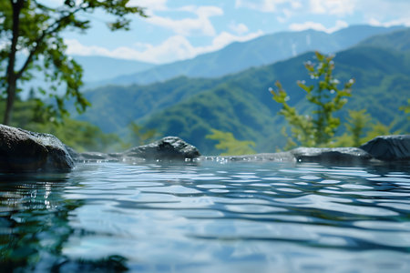 A body of water is surrounded by rocks and trees in the background. The water reflects the sky and surrounding greenery.の素材
