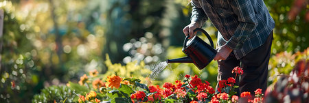 A man is standing in a garden, holding a red watering can and watering the flowers. The man is focused on the task, pouring water onto the plants to help them grow and thrive.の素材