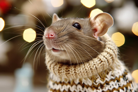 A cute rat in a cozy sweater stands in front of a decorated Christmas tree. The rat seems curious and festive as it explores the holiday scene.の素材