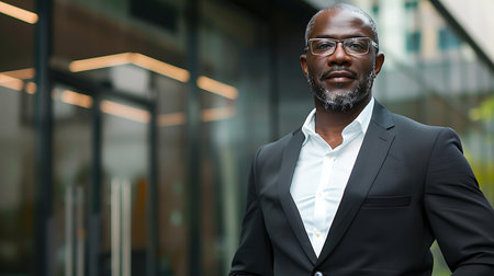 A middle-aged man wearing a black suit and glasses standing confidently in front of a modern office building. The man appears focused and professional, possibly on his way to a business meeting.の素材