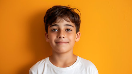 Cheerful young boy, around 10 years old, with a warm smile. Standing against a bright yellow background, wearing a white t-shirt and short brown hair. Happy expression exudes positivity and innocence.の素材