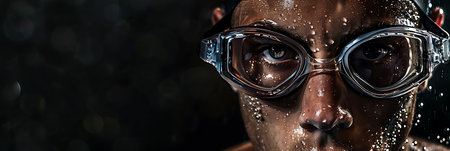 A close-up of a male swimmers face with water drops on his face and wearing goggles. He is looking at the camera with a determined expression. The background is out of focus and dark.の素材