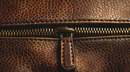 A close-up of a brown leather texture with a zipper. The leather is smooth and has a natural grain. The zipper is made of metal and has a brown tab. The image is well-lit and in focus.の素材