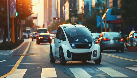 A sleek and futuristic compact white electric car drives down a busy city street at sunset. The car is surrounded by other cars, and the city skyline is in the background.の素材