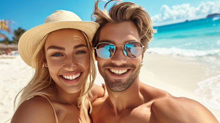 Beach bliss  close up portraits capturing joyful expressions in a collection of momentsの素材