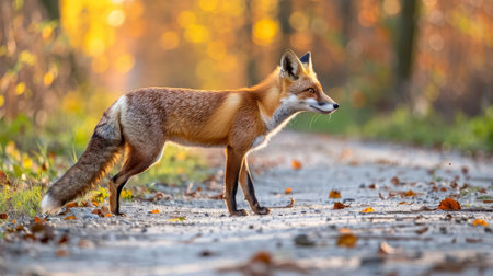 Serenely scenic path through cevennes forest with elegant red fox in the soft morning sunlightの素材