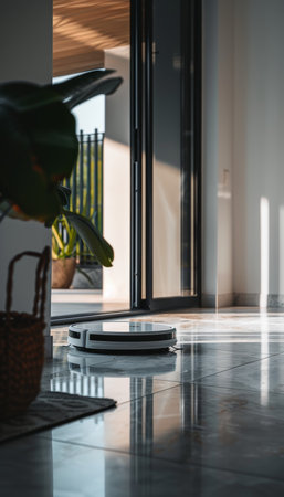 Close up view of robotic vacuum cleaner in operation, meticulously cleaning the flooring surfaceの素材