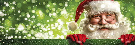 Captivating illustration of santa claus peeking from behind a vibrant green bannerの素材