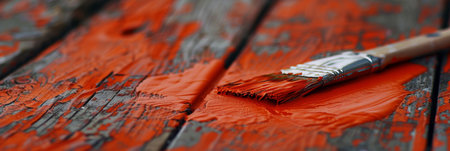 Close up view of artist hand painting a wooden window frame with a brush in detailed shotの素材