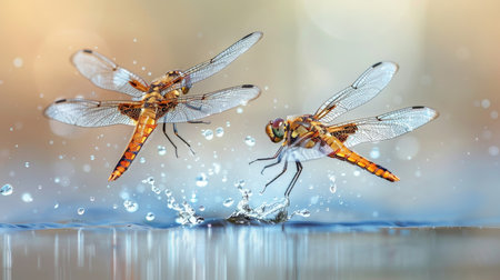 Detailed close up of delicate dragonfly wings beautifully reflecting on the water surfaceの素材