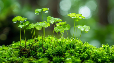 Detailed macro close up of vibrant green moss covered in glistening dew drops for stunning visualsの素材