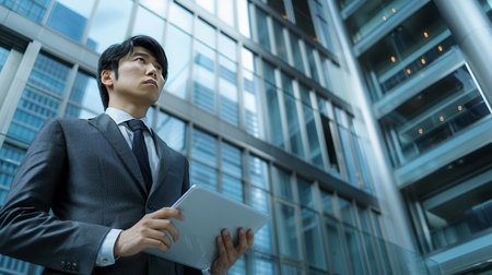Asian businessman analyzing financial market data on tablet and pc in modern office settingの素材