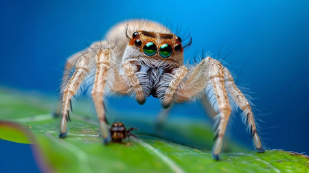 Detailed macro image of a spider capturing its prey in a hunting scene for an intriguing viewの素材