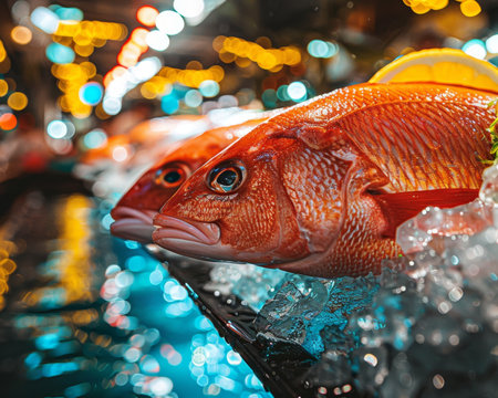 Fresh Red Snapper Fish Displayed on Ice at a Bustling Seafood Market, Illuminated by Night Lightsの素材
