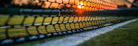 Golden Hour Tennis A Close-Up View of the Net on a Grass Court as the Sun Sets in the Backgroundの素材