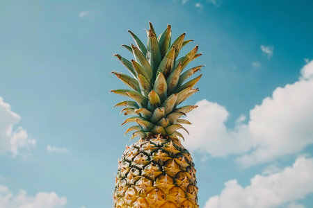 Ripe pineapple against blue cloudy sky. Summer vacation, travel, tropics, exotic fruits concept.の素材