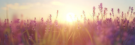 Golden Hour in a Lavender Field Tranquil Purple Blooms Glow Beneath a Warm Sunset Sky.の素材