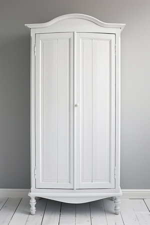 White Wooden Wardrobe, Cabinet, Cupboard, Closet on Gray Background, Isolated, Front Viewの素材