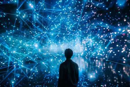 Businessman Contemplating a Glowing Network of Connections, Symbolizing Technology and Big Data.の素材