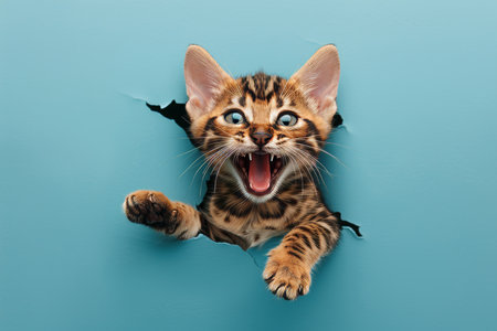 Playful Bengal Kitten Peeking, Meowing, and Reaching Through Torn Hole in Blue Backgroundの素材