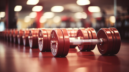 A row of shiny dumbbells lined up on a gym floor ready for workout enthusiasts during a morning fitness sessionの素材