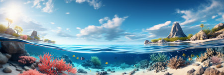A picturesque underwater scene showcases colorful coral reefs teeming with tropical fish beneath a sparkling surface. Lush greenery and hills define the shore.の素材