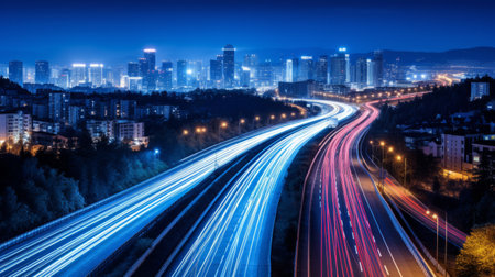 The urban skyline glows with vibrant lights as cars traverse the highways, creating streaks of blue and red against the backdrop of tall buildings at night.の素材