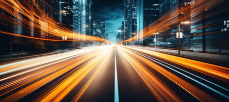 A busy city road is captured at night, showcasing streaks of light from speeding vehicles alongside towering skyscrapers. The vibrant urban landscape exudes life and energy.の素材