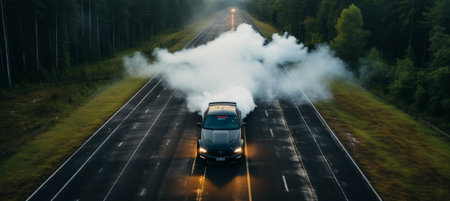 A powerful truck performing a burnout on an empty forest road during early morning mistの素材