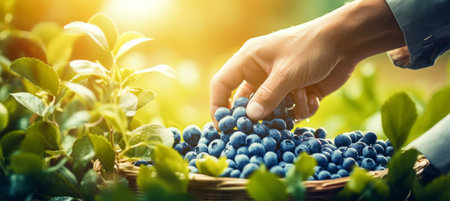 In a vibrant garden, a hand reaches into a basket filled with freshly picked blueberries. Sunlight illuminates the scene, emphasizing the lush greenery and the joy of harvesting summer fruits.の素材