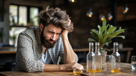A distressed man with tousled hair and a beard sits at a bar, surrounded by empty liquor bottles, reflecting on his thoughts during the quiet evening hour.の素材