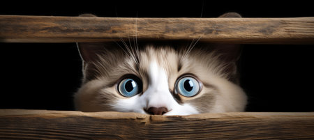 A fluffy cat with striking blue eyes curiously peers through the gaps of wooden slats, capturing a moment of intrigue and playfulness in a dimly lit setting.の素材