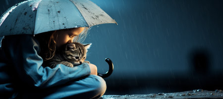 In a rainy city night, a girl sits with a kitten cradled in her arms, seeking shelter under a large umbrella, showcasing a warm moment of tenderness amid the wet surroundings.の素材