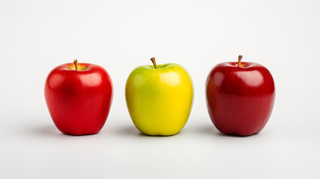 Three apples are displayed in a row on a light background, featuring vibrant red, bright yellow, and deep red varieties, highlighting their natural colors and smooth textures.の素材