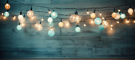 The warm glow of various colored string lights hangs across a wooden wall, creating a welcoming ambiance for gatherings. This setup captures a cozy evening atmosphere.の素材