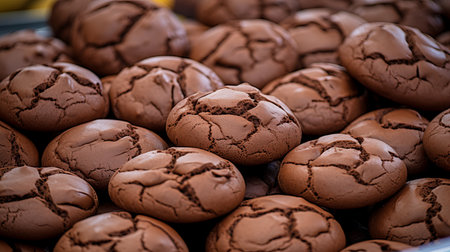 A variety of freshly baked chocolate cookies showcases a unique cracked surface, arranged enticingly at a local bakery. The rich cocoa aroma fills the air, attracting customers.の素材