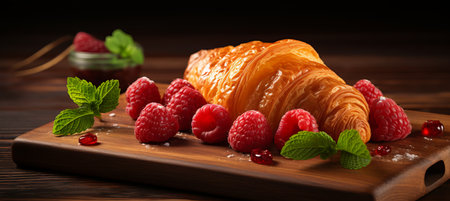A golden-brown croissant rests on a wooden board, surrounded by vibrant raspberries and fresh mint, creating a delightful presentation perfect for breakfast or brunch.の素材