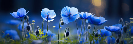 Delicate blue flowers stand gracefully in a tranquil garden, illuminated by soft early morning light, surrounded by lush greenery and gentle dew drops.の素材