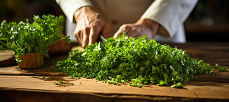 A chef is finely chopping vibrant green herbs on a rustic wooden table, surrounded by additional fresh herbs, illuminated by warm daylight through nearby windows.の素材