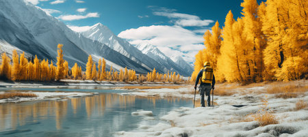 A hiker walks along a tranquil lake surrounded by vibrant golden trees. Snow-capped mountains rise in the background under a clear blue sky, creating a picturesque autumn landscape.の素材