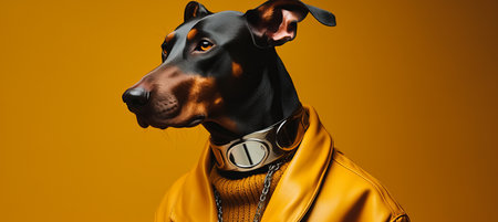 A Doberman poses elegantly in a fashionable jacket, showcasing its distinctive features and stylish accessories. The vibrant yellow background highlights its striking appearance.の素材