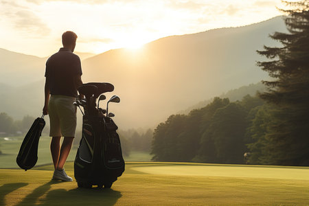 A golfer strolls across the course during sunset, carrying clubs and reflecting on a day well spent in the serene beauty of the mountains, with soft light illuminating the landscape.の素材