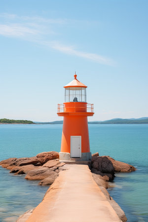 A bright orange lighthouse stands proudly on a rocky pier, surrounded by serene blue waters and distant hills. The clear sky enhances the vibrant colors, creating a peaceful coastal view.の素材