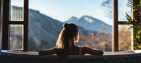 A woman enjoys a serene moment soaking in a bathtub, gazing out the window at majestic mountains under a sunset sky, surrounded by nature's tranquility.の素材
