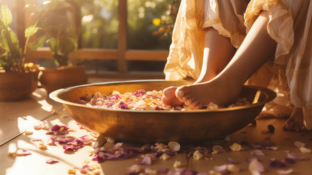 A person immerses their feet in a large bowl filled with colorful flower petals, enjoying a calming moment outdoors. Sunlight filters through the trees, creating a tranquil atmosphere.の素材
