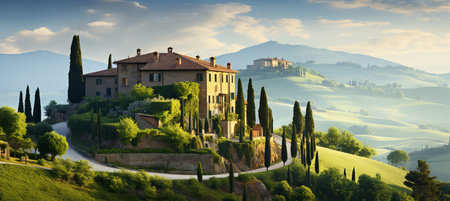 A picturesque Tuscan villa sits atop a lush green hillside, surrounded by tall cypress trees. The soft morning light illuminates the landscape, creating a peaceful and inviting atmosphere.の素材