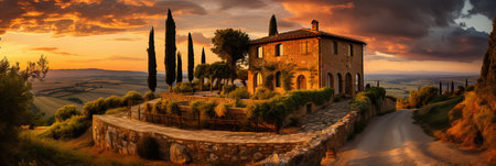 A charming villa rests on a hillside, framed by tall cypress trees as the sun sets, casting vibrant colors across the scenic Tuscan landscape and creating a tranquil atmosphere.の素材