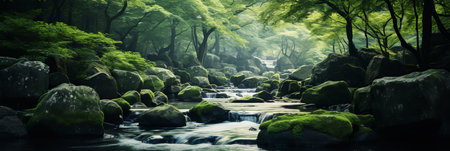 A tranquil forest setting features a gentle stream flowing over moss-covered rocks, surrounded by vibrant greenery. Soft morning light filters through the trees, creating a peaceful atmosphere.の素材